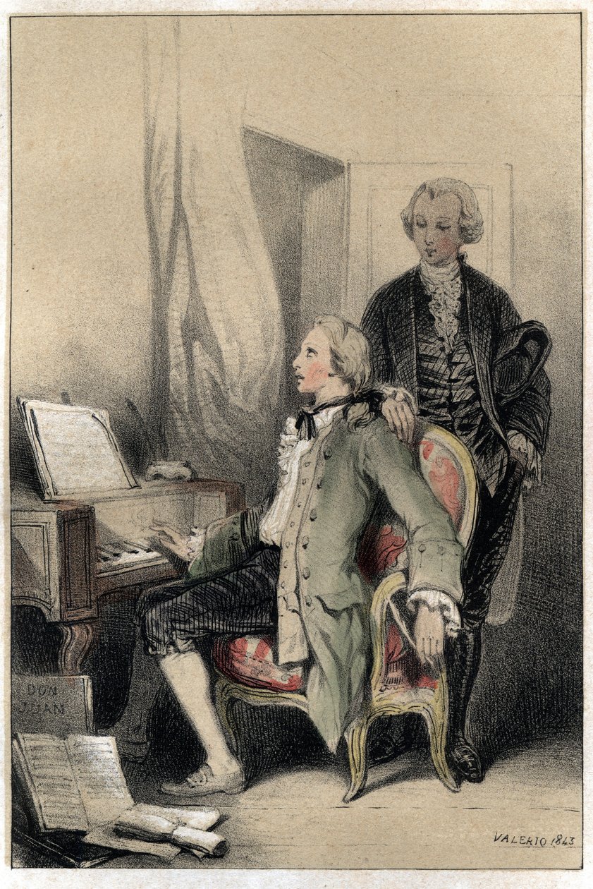 Kompositören Wolfgang Amadeus Mozart (1756-1791) komponerade requiem. Tallrik hämtad från "" Scenes de la vie des hommes famous""" gravyr i två nyanser av Valerio. 1843. av French School
