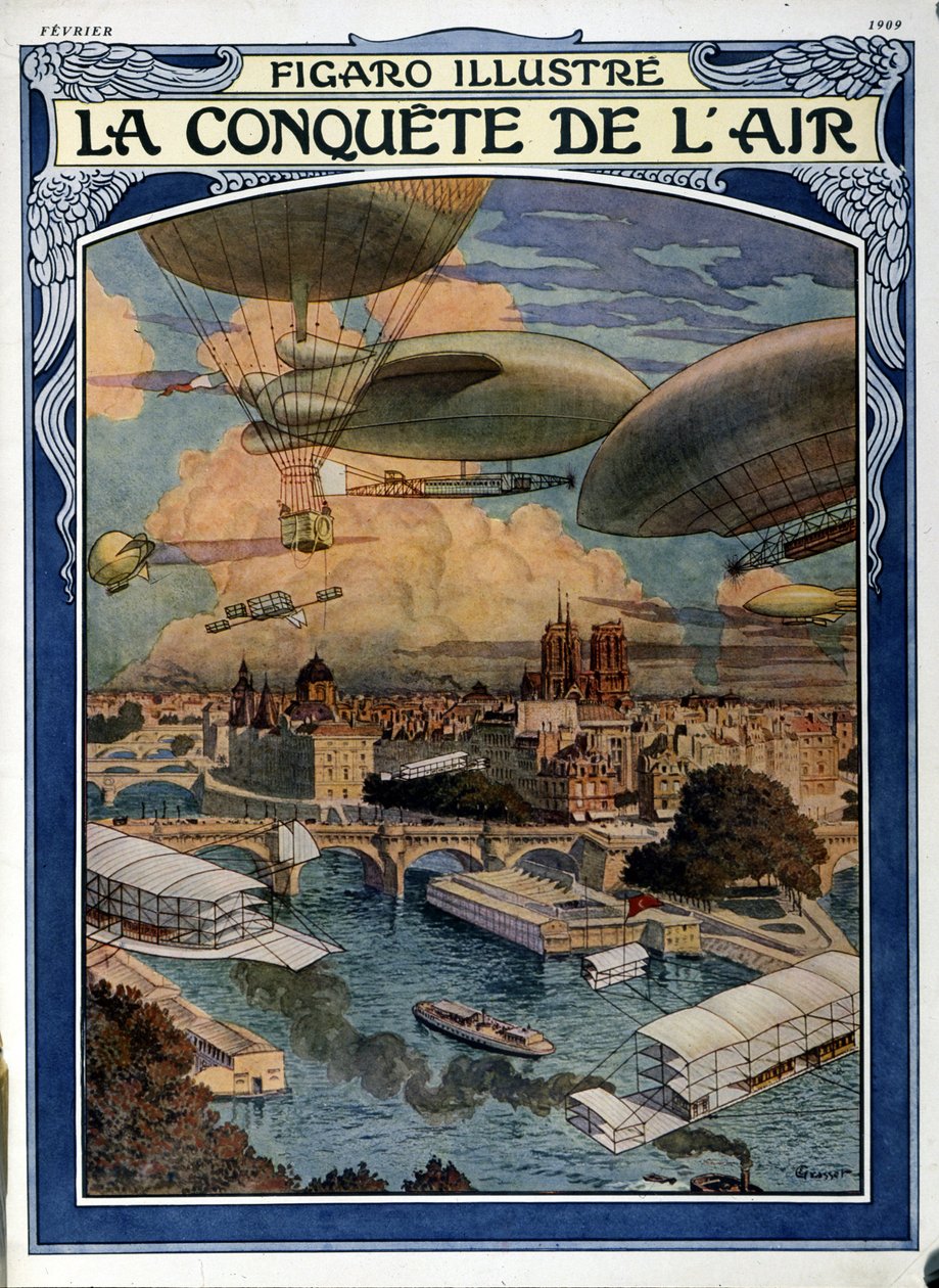 Luftens erövring: luftskepp, ballong och varmluftsballong över Paris - omslag i Figaro Illustrated från februari 1909 av French School