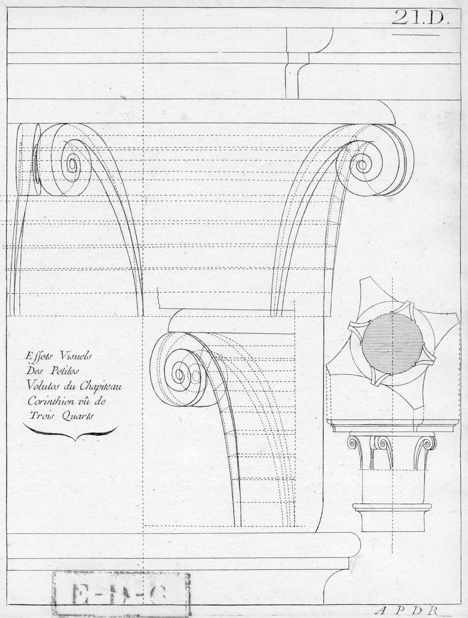 Den korintiska huvudstaden, illustration från en bok om geometri, 1700- eller 1800-talet, publicerade Avec Privilege du Roy et E.. du Gouvernement av French School