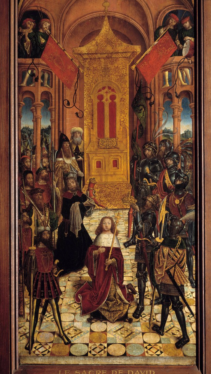 David Davids kröning är Israels kung. Målning av den franska skolan på 1500-talet. 1501. från Cathedrale d