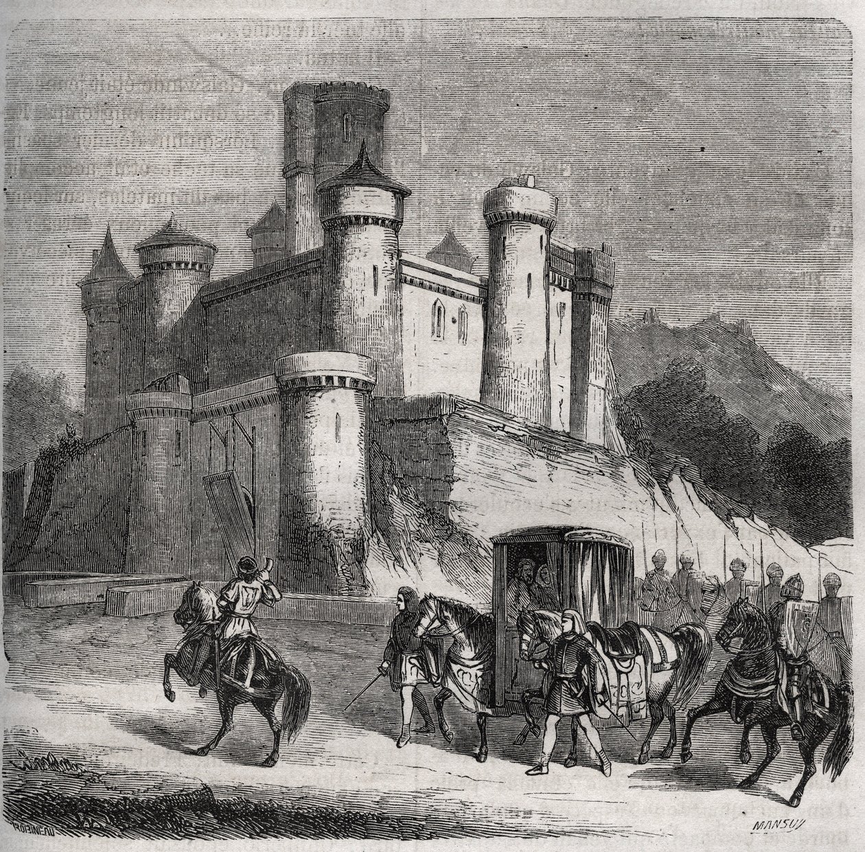 Cortegen i Rigonde (Rigonthe) (cirka 569-efter 589) lämnar Paris för att gå till sin fästman, prins Recarede. Gravyr från 1871 i "Histoire Des Cocus Celebres"" av Henry de Kock (1819-1892). av French School