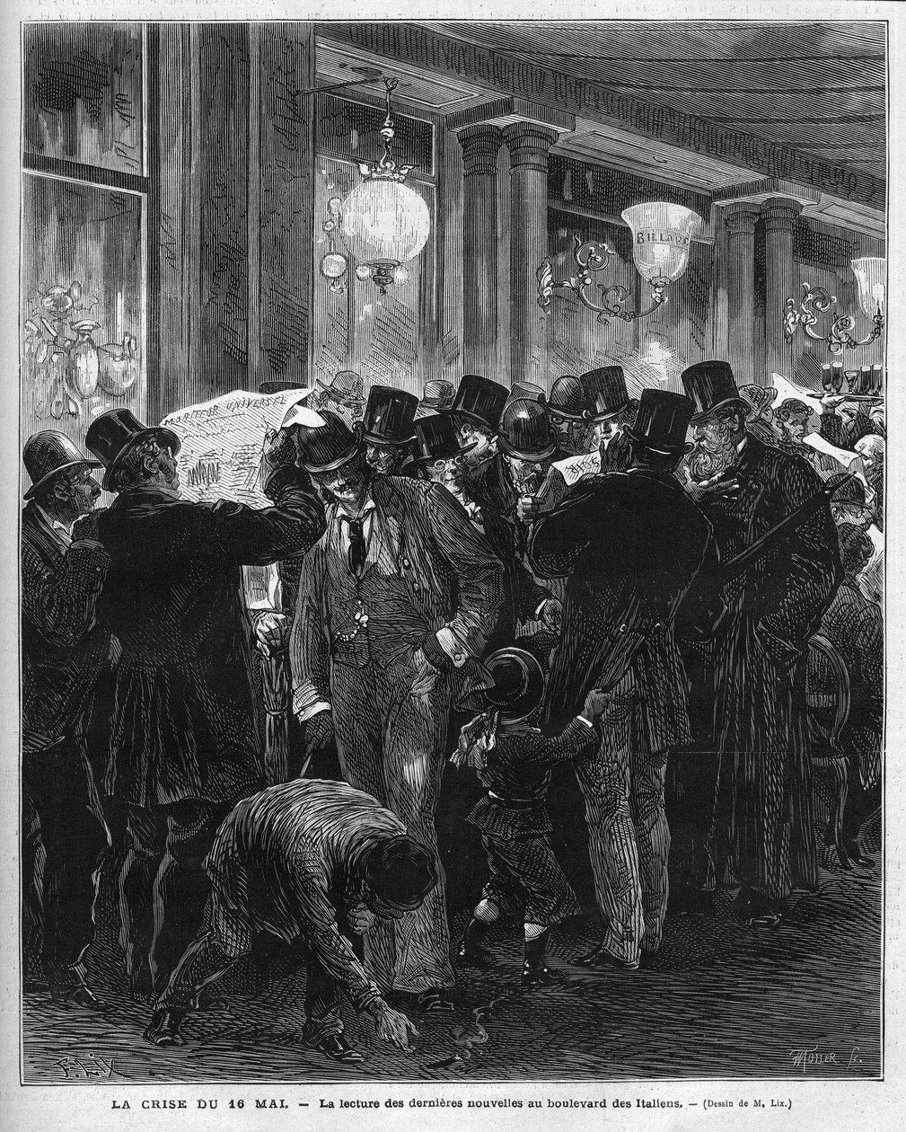 Krisen den 16 maj 1877: att läsa de senaste nyheterna på boulevard des Italians i Paris. Denna franska politiska kris är resultatet av brevet från Mac Mahon (Mac-Mahon) som kritiserar rådets ordförande Jules Simons attityd som så småningom kommer att återu av French School