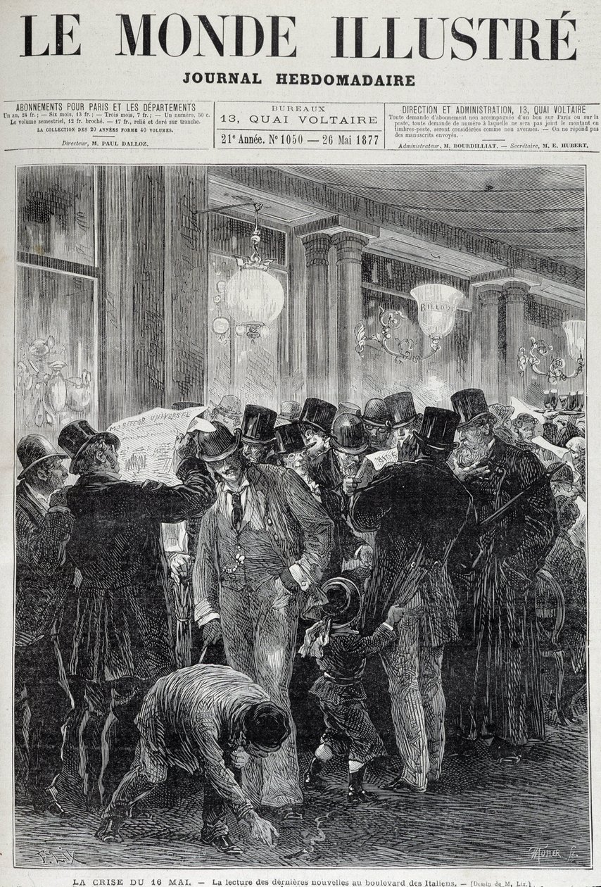 Krisen den 16 maj: läsa tidningar - i "Le monde illustrious"" i maj 1877 av French School
