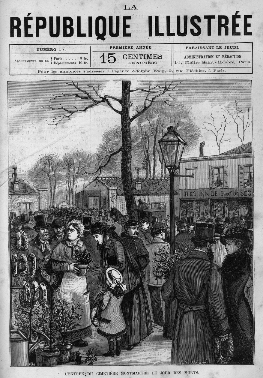 Folkmassan framför ingången till Montmartre-kyrkogården i Paris på de dödas dag (Toussaint). En tidning. Gravyr från 1880 i "La republique illustree"" privat samling. av French School