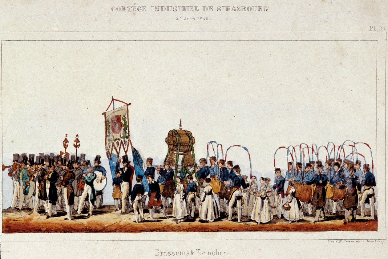 Bryggares och kukares dans under industrikortegen i Strasbourg den 25/06/1840. Litografi av Simon av French School