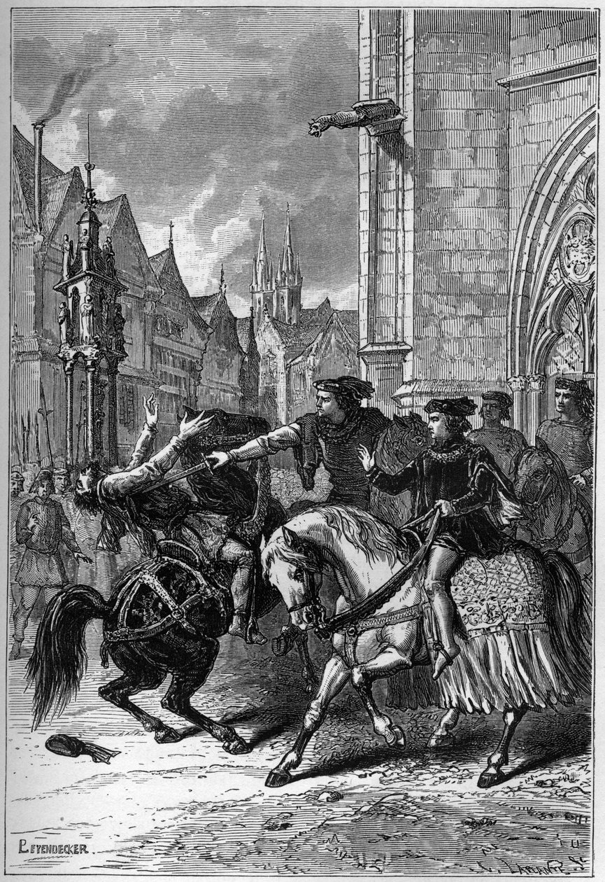Wat Tylers död i Smithfield, London, 1381 under bondeupproret - Death of Wat (eller Walter) Tyler, engelsk revolutionär, i Smithfield, under bondeupproret, London av French School