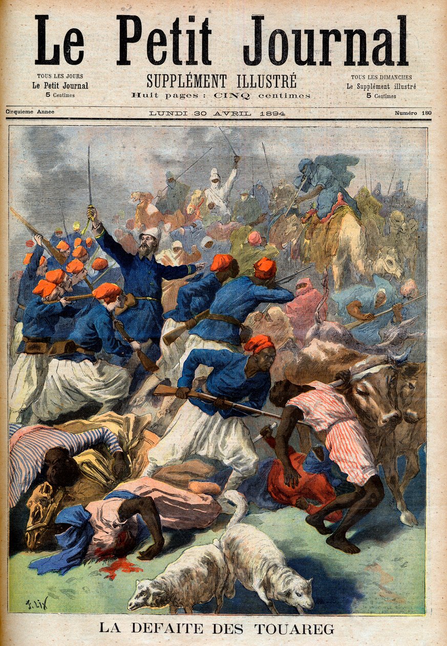 Tuaregernas nederlag. Franska kolonialtrupper under befäl av överstelöjtnant Joseph Joffre (1852-1931) - Touaregernas nederlag. Illustration för Le Petit Journal, 30 april 1894 (gravyr) av French School