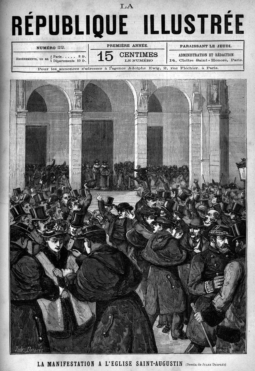 Demonstrationen i Saint Augustine-kyrkan (Saint-Augustine) i Paris: upphettad mellan den parisiska polisen och demonstranter som är fientliga mot dekreten från mars 1880 som fattades av Jules Ferry som tar bort rätten att undervisa otillåtna religiösa förs av French School