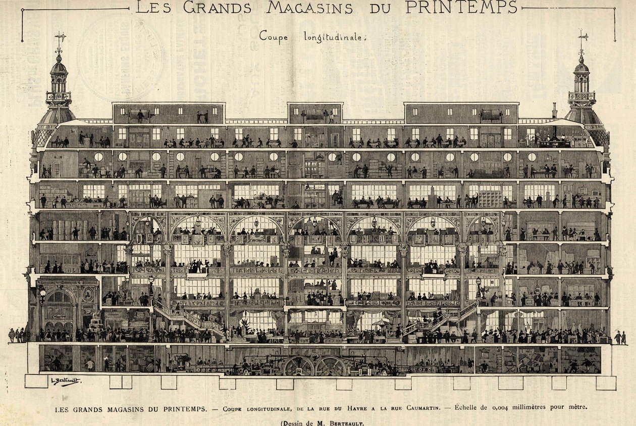 Varuhusen i Printemps 1889, längsgående sektion, från Rue du Havre till Rue Caumartin, teckning av Berteault, Bianchetti-samlingen. av French School