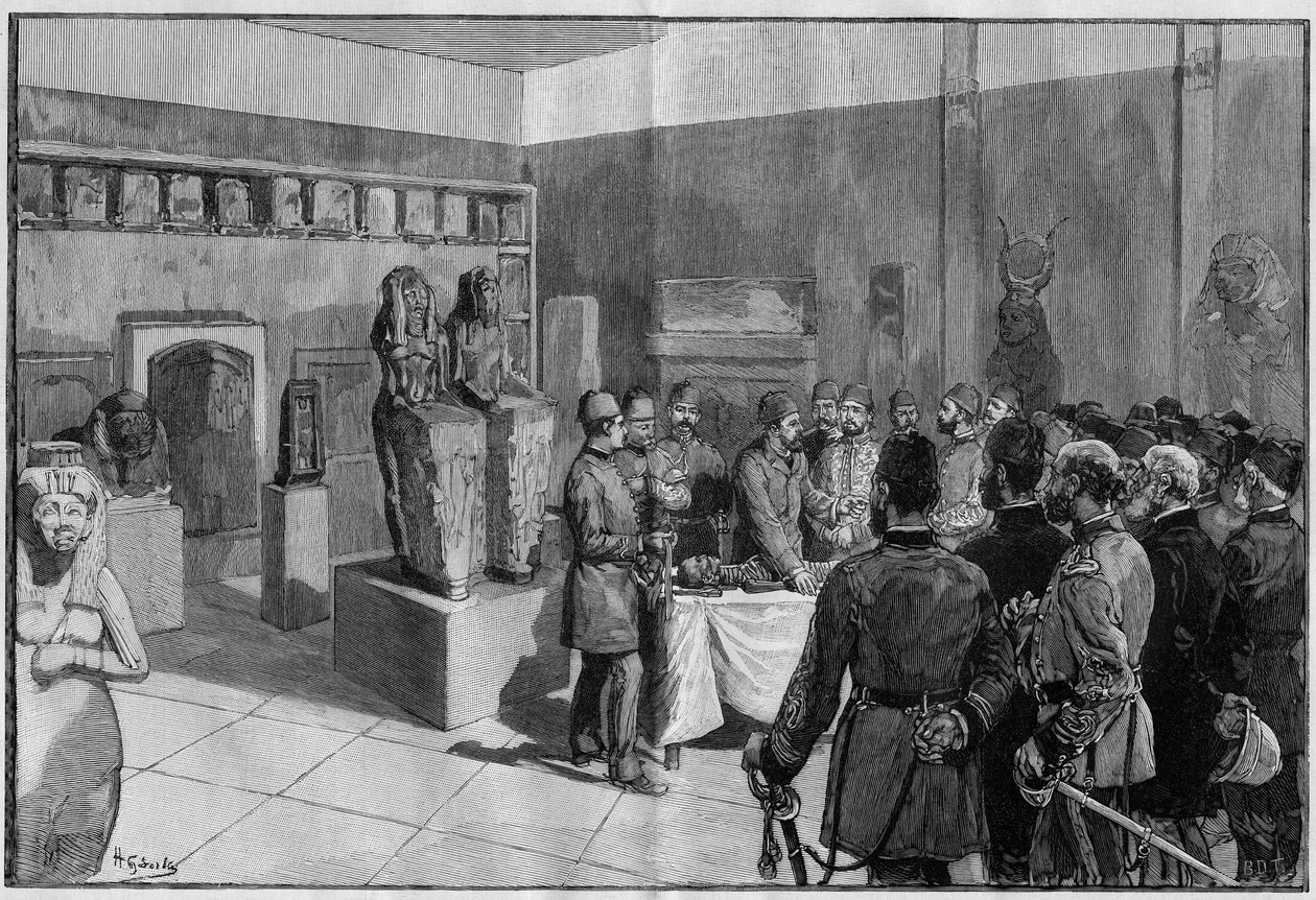Depoumenteringen av Mumien av Sesostris (Rhamses II) vid Musee de Boulaq (Kairo, Egypten) av Gaston Maspero i närvaro av khediven Tewfik. Gravyr i "The Illustrous World" 1886. av French School