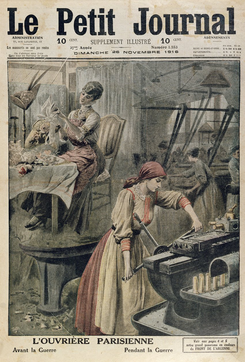De olika typerna av arbete för parisiska kvinnor före och under första världskriget, omslagsillustration av Le Petit Journal, 26 november 1916 av French School