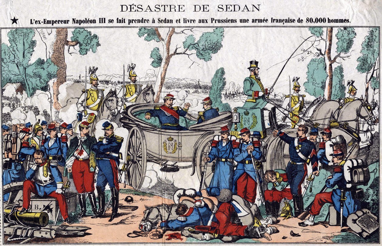 Sedans katastrof; ex-kejsare Napoleon III blir fångad i Sedan och levererar till preussarna en fransk armé på 80 000 man, bild av en ryggrad från 1800-talet. av French School