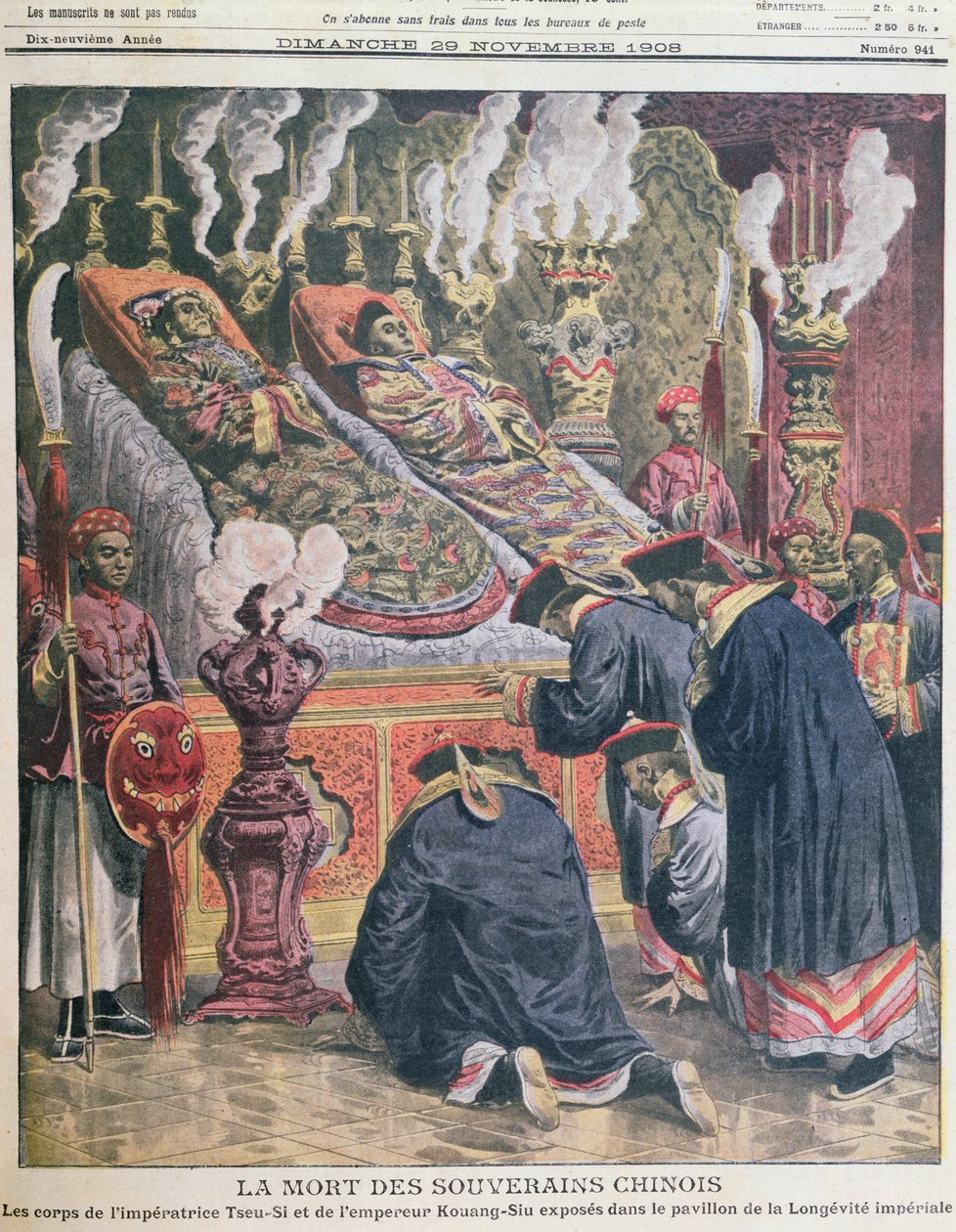 Utställningen av kropparna av kejsar Kouang-Siu (1872-1908) och hans faster kejsarinnan Tseu-Hi (1835-1908) i paviljongen för imperialistisk livslängd, illustration från Le Petit Journal 1908 (färg lith) av French School