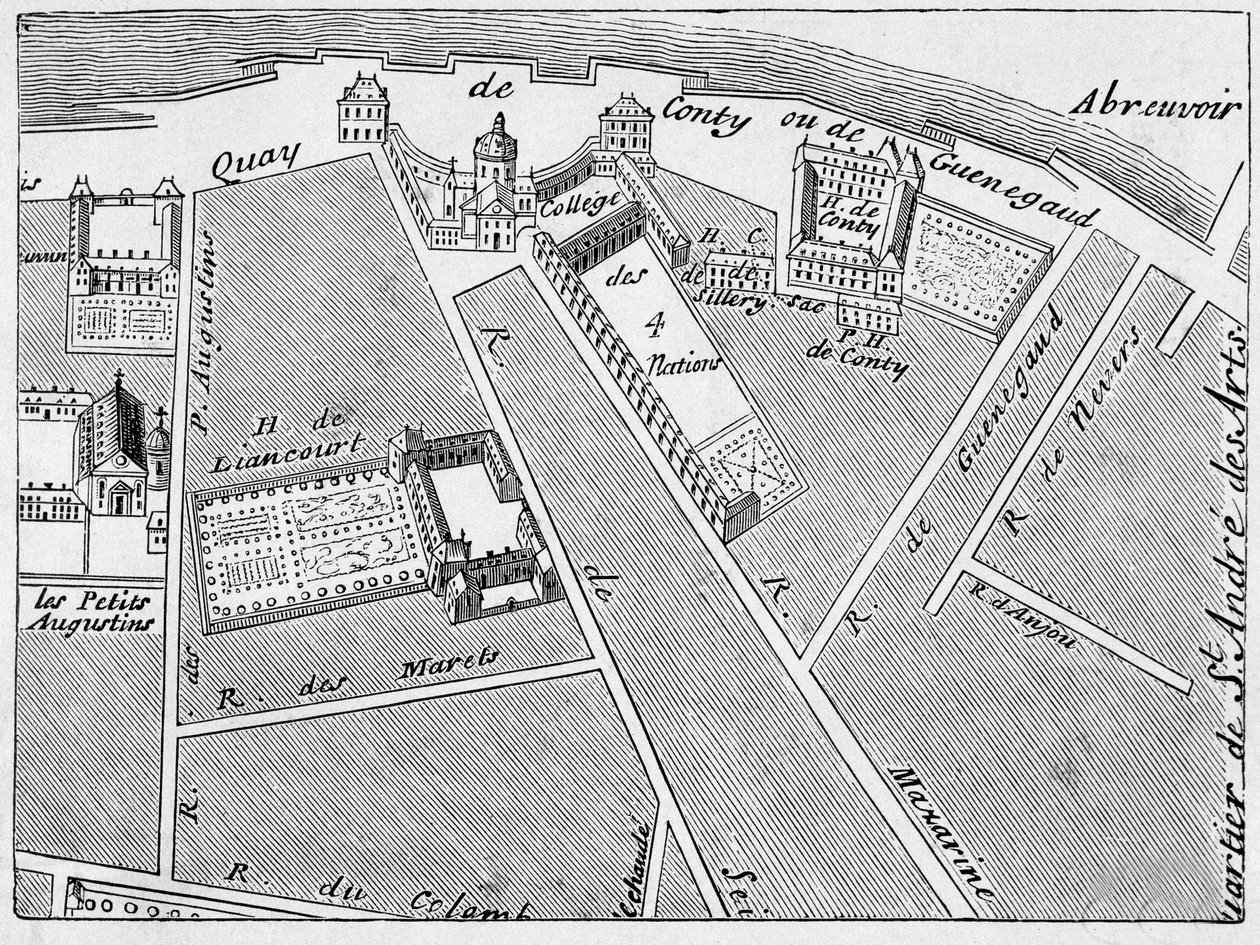 Distriktet College des Quatre Nations (fyra nationer) och hotellet Conti-Fac-Simile i planen för J. de la Caille av French School