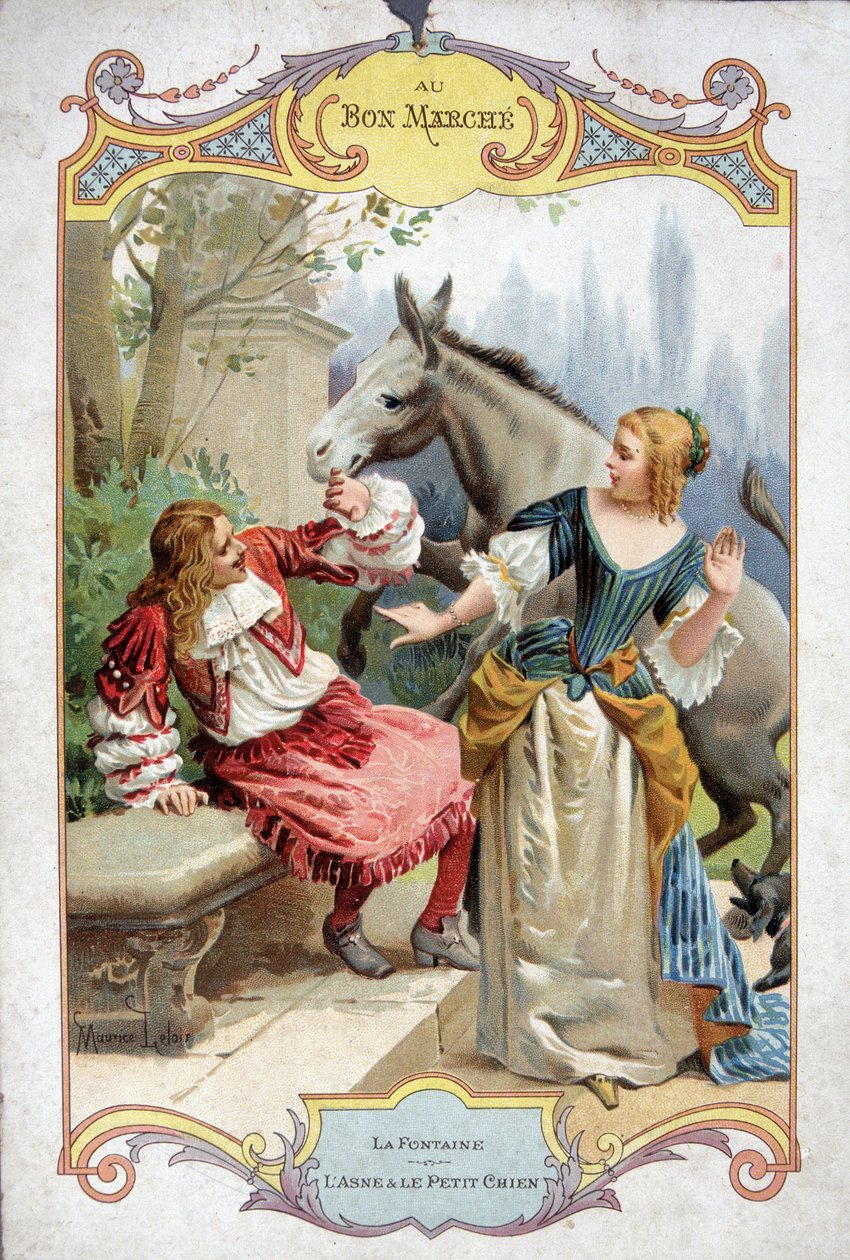 Åsnan och den lilla hunden (Fable de La Fontaine) - Bon Marché reklamdekal av French School
