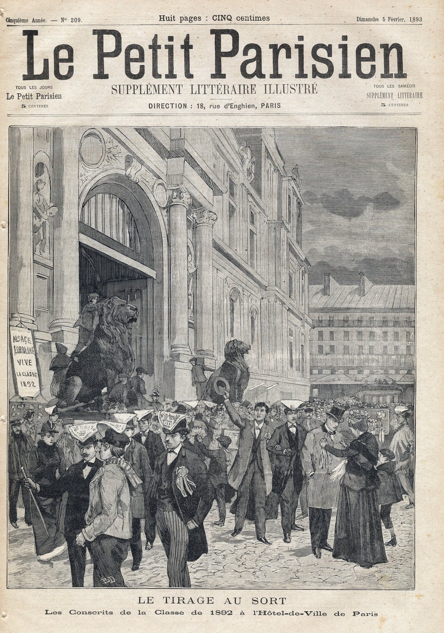Lottningen: de värnpliktiga av 1892 års klass vid Paris stadshus. En av tidningarna "Le petit Parisien"" den 5/02/1893 (gravyr) av French School