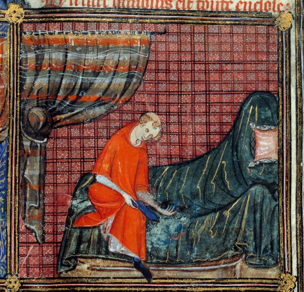 Drömmen, detalj: The Lover klänningar. Miniatyr i "" Roman de la rose"" av Jean de Meun, Jean de Meung eller Jean Chopinel, Jean Clopinel (v.1240-1305), cirka 1370. Chantilly, Musee Conde av French School