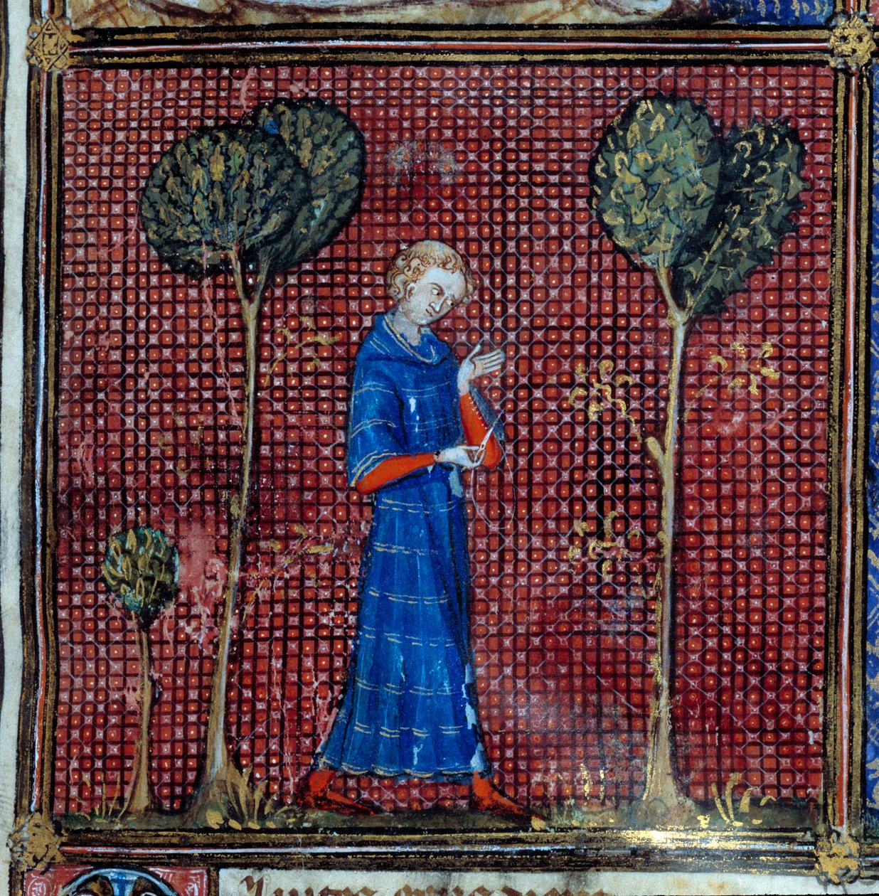 Drömmen, detalj: Den älskande syr ärmen på sin skjorta. Miniatyr i "Roman de la rose" av Jean de Meun, Jean de Meung eller Jean Chopinel, Jean Clopinel (v.1240-1305), ca 1370. Chantilly, Musee Conde av French School