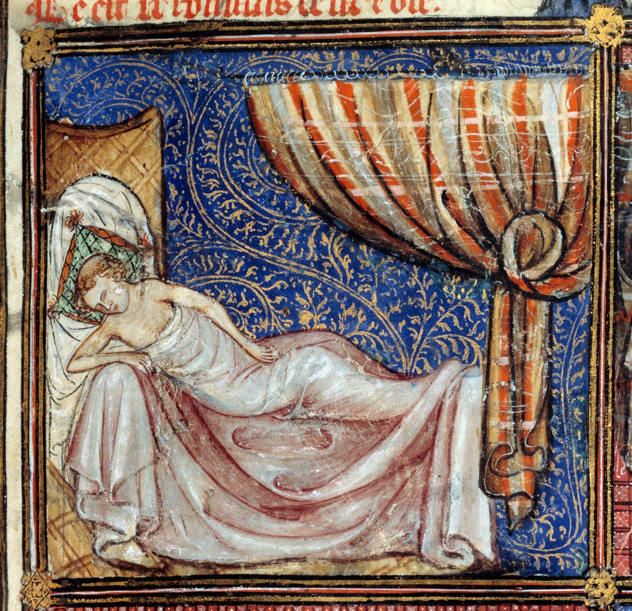 Drömmen, detalj: Den sovande älskaren. Miniatyr i "Le Roman de la rose" av Jean de Meun, Jean de Meung eller Jean Chopinel, Jean Clopinel (v.1240-1305), ca 1370. Chantilly, Musee Conde av French School