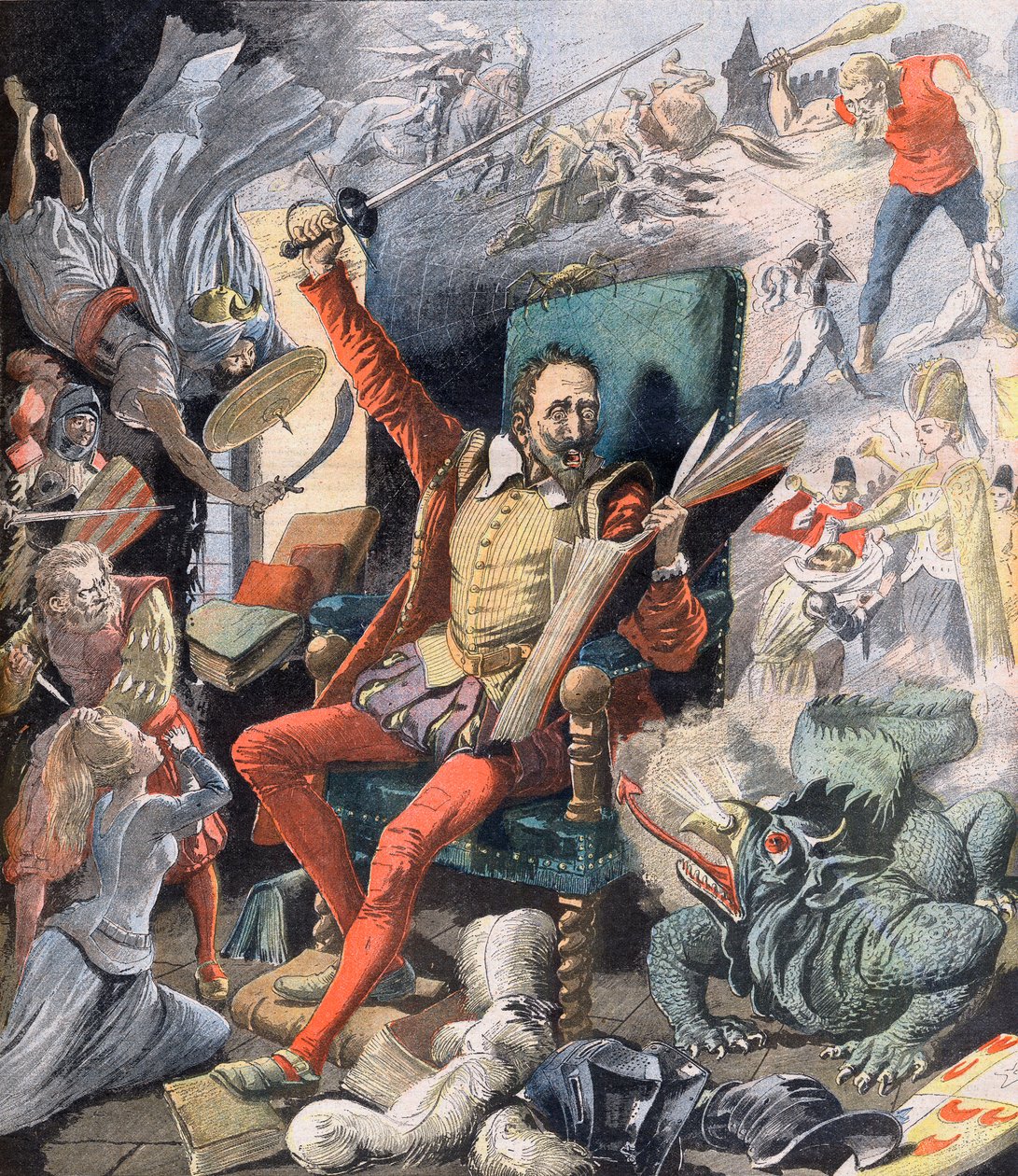 Drömmen om Don Quijote. Le Reve de Don Quixote (Miguel De Cervantes) - Illustration för Le petit Journal, 21 maj 1905. av French School
