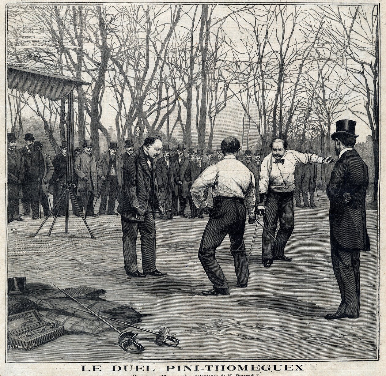 Duellen mellan vapenmästarna Pini och Thomeguex i Parc de Saint Ouen (Saint-Ouen). I "" Le Petit Parisien "" den 28/03/1897. av French School