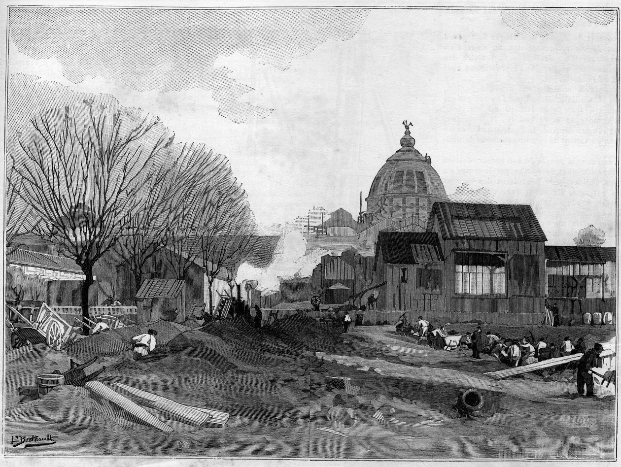 Jordförflyttningsplatsen för installationen av den monumentala fontänen i Paris för världsutställningen 1889. av French School