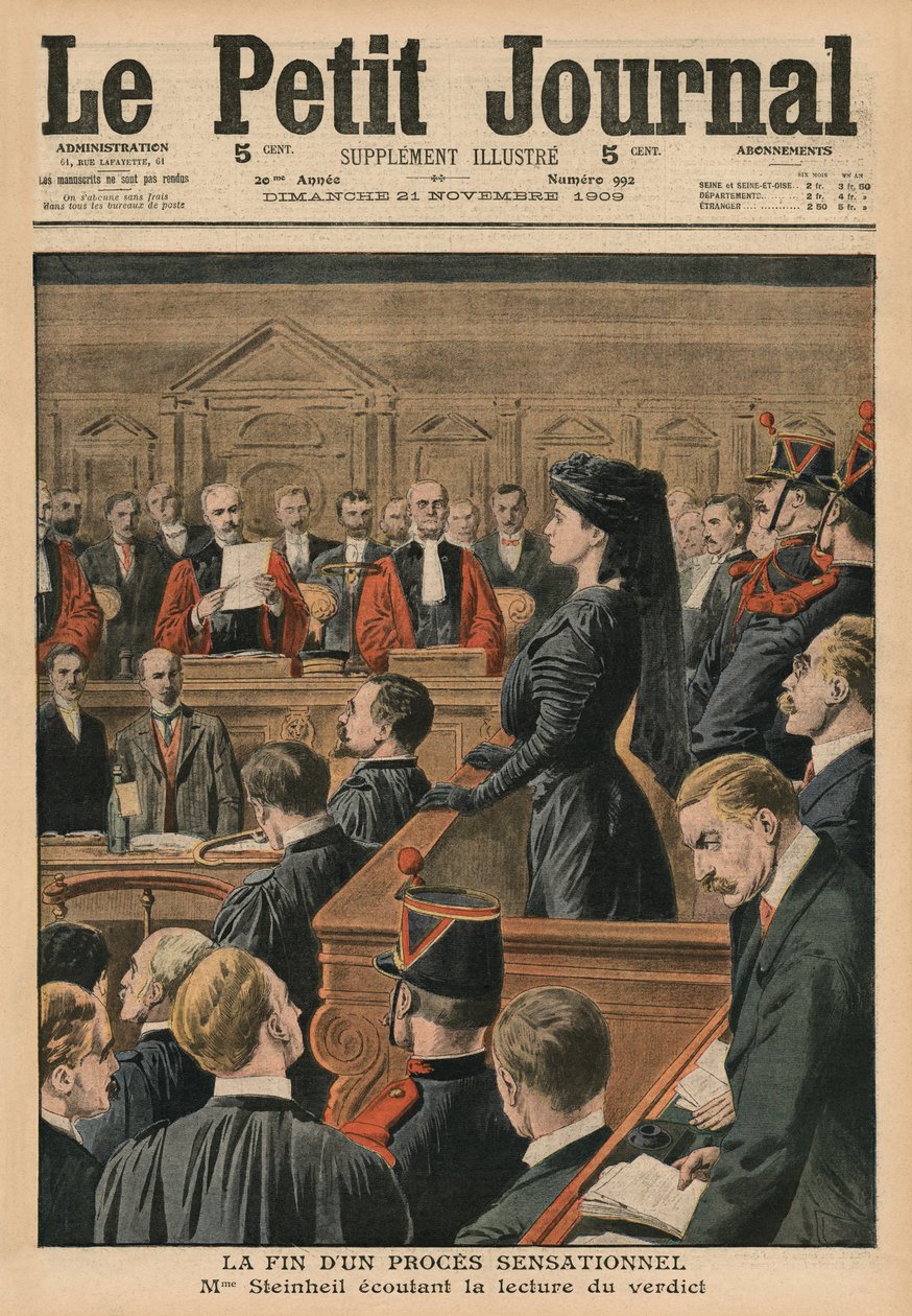 Slutet på en sensationell rättegång, Marguerite Steinheil lyssnar på domen, illustration på omslaget från "Le Petit Journal", supplement illustre, 21 november 1909. av French School