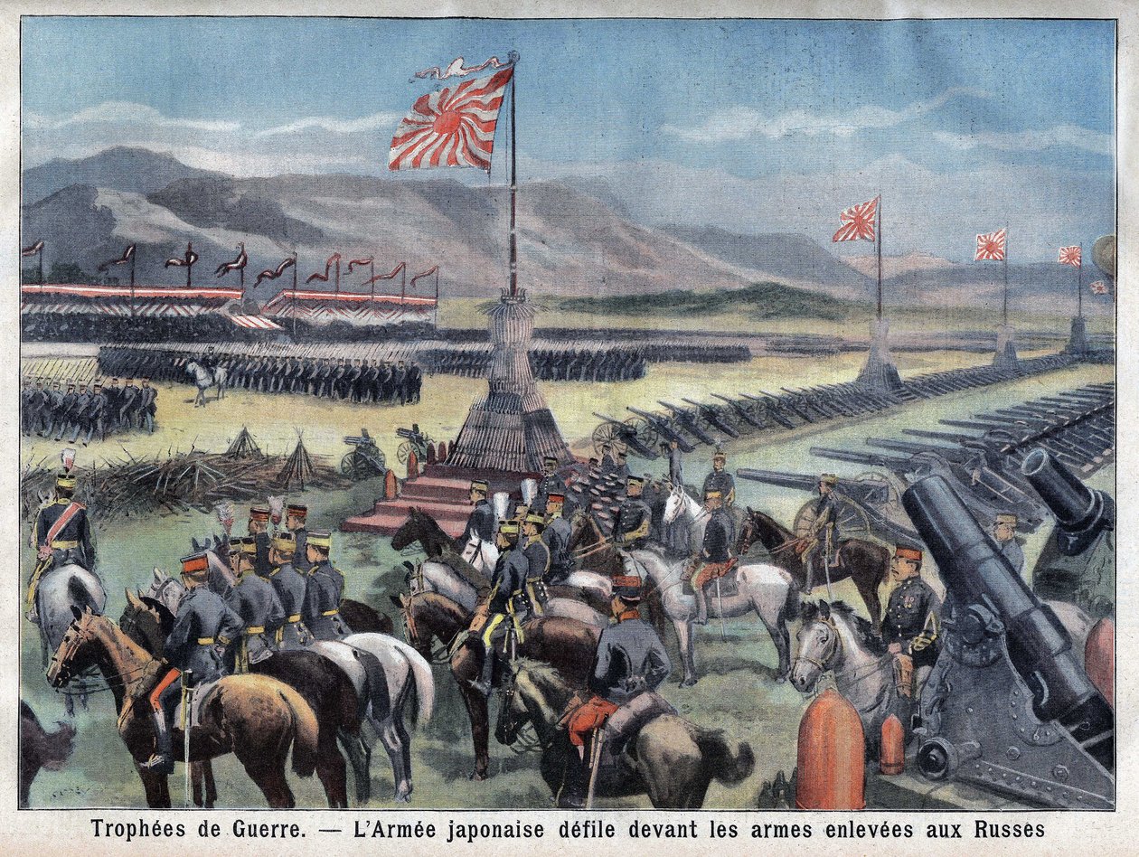 Slutet på den japanska rysskonflikten, Japans segerrika armé sitter framför det ryska vapenövertagandet, i "Le Petit Parisien", den 24/06/1906 (gravyr) av French School