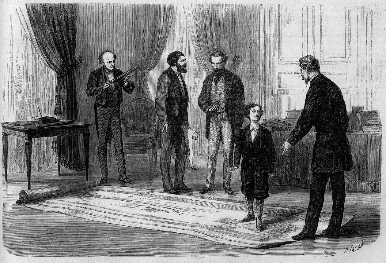 Ingenjören Boutet presenterade sin plan för en järnvägsbro mellan Frankrike och England för kejsar Napoleon III (1808-1873), i närvaro av sin son Prince Imperial (1856-1879) av French School