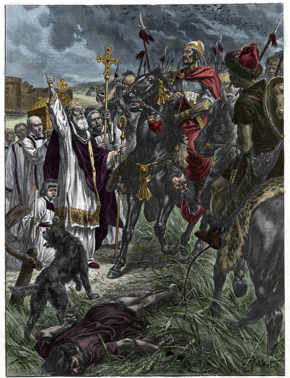 Den eveque Saint Loup av Troyes arretes Attila kung av hunnerna före Troyes - Barbarian invasioner - Gravyr efter målningen av H. Grobert. av French School