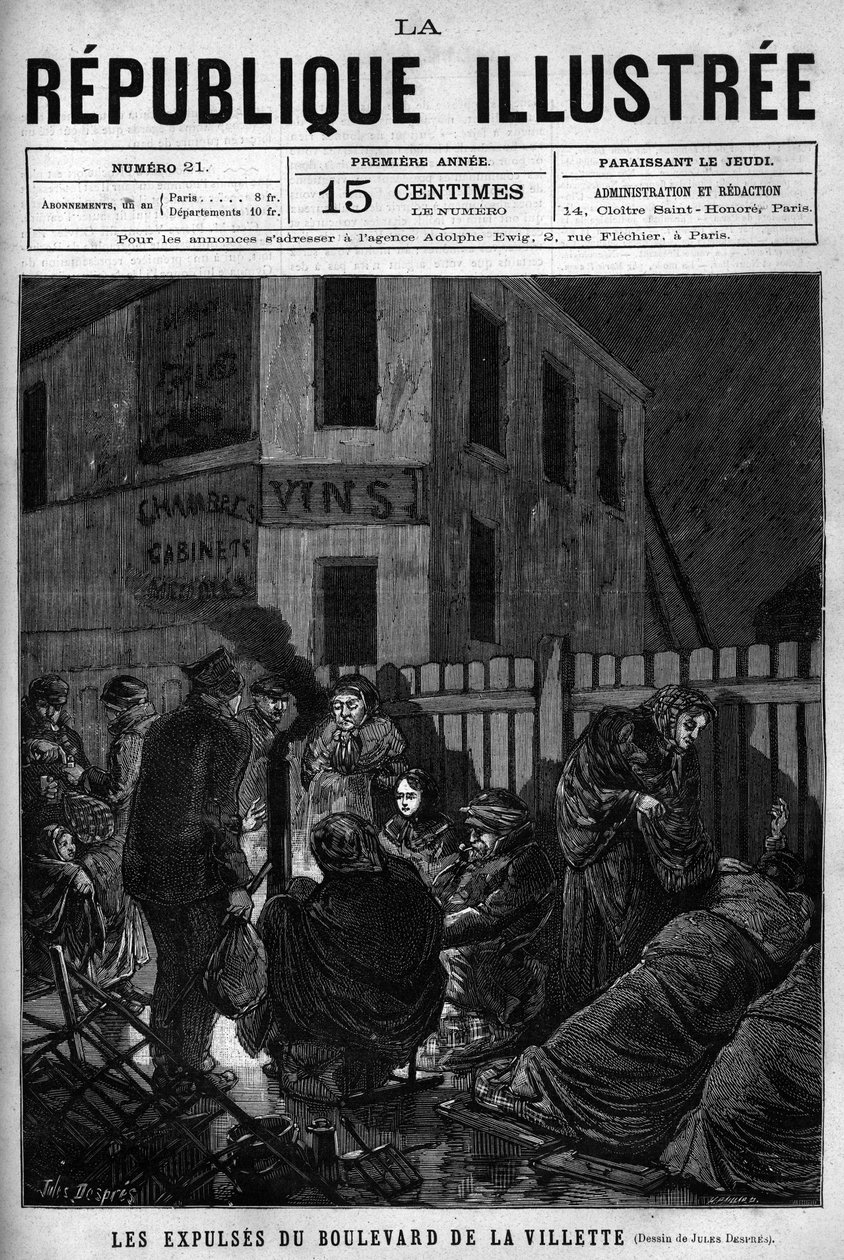 Vräkningarna av Boulevard de la Villette: arbetare som utvisats från en parisisk stad måste sova på gatan (S.D.F.). En tidning. Gravyr från 1880 i "La republique illustree"" privat samling. av French School