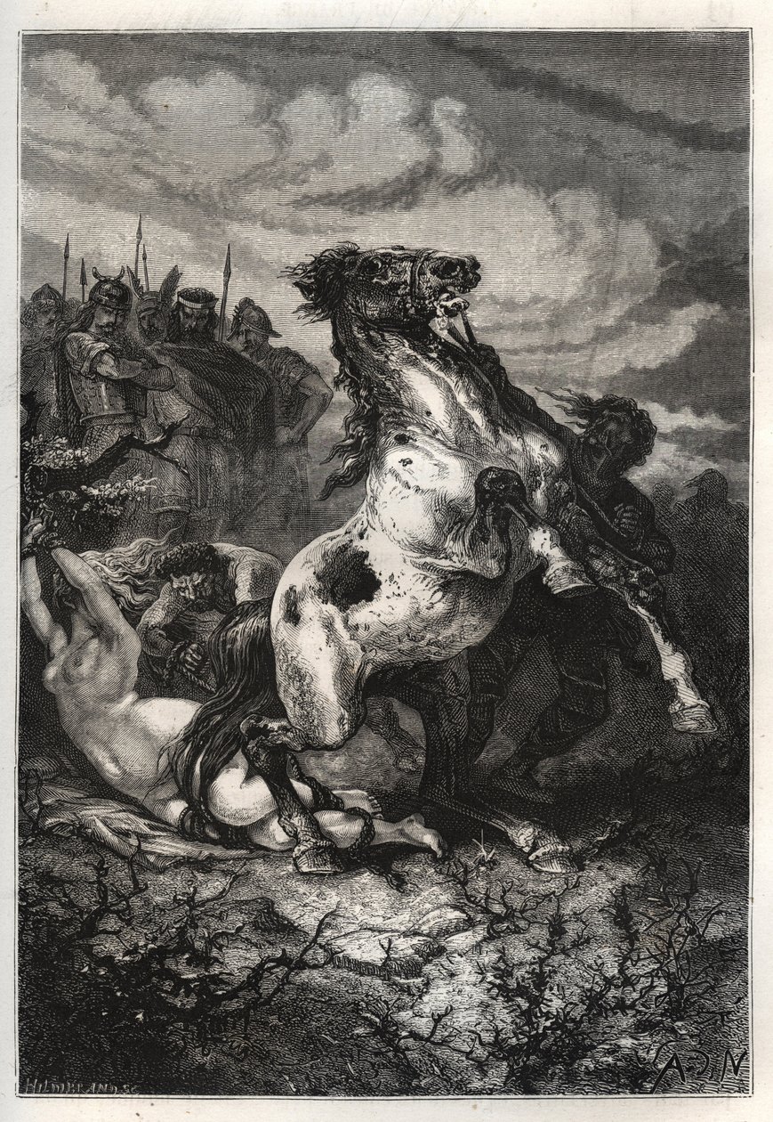 Avrättningen av Brunhilda av Austrasia av Chlothar II, 613 - Brunehauts (eller Brunehildes) död beordrad av Clotaire (Clothaire) II (613). gravyr av French School