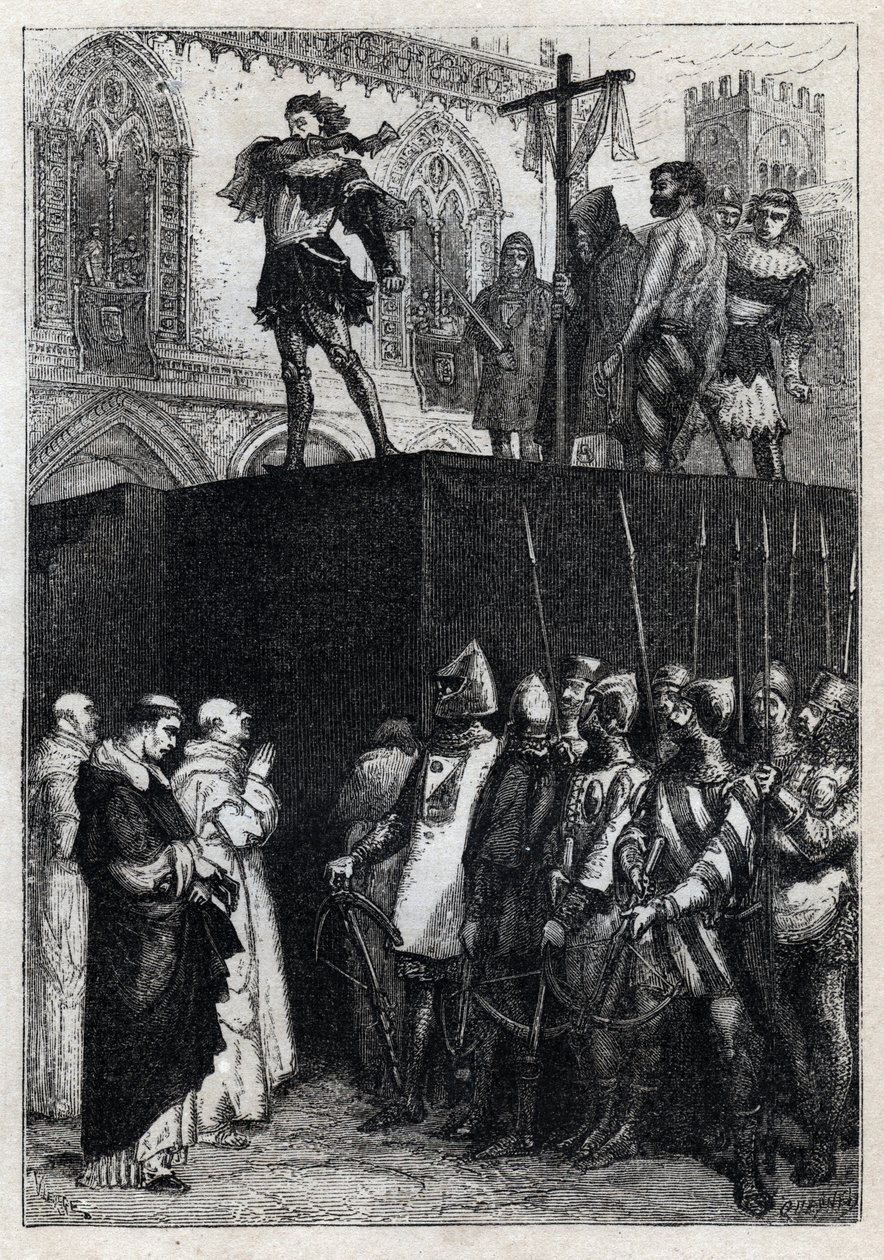 Avrättningen av Conradin (eller Conrad av Hohenstaufen) kung av Sicilien och hertig av Schwaben (1252-1268) på order av Karl av Anjou efter slaget vid Tagliacozzo 1268” (Avrättning av Conradin (eller Conrad den yngre), sista Staufer kung av Sicilien, efter av French School