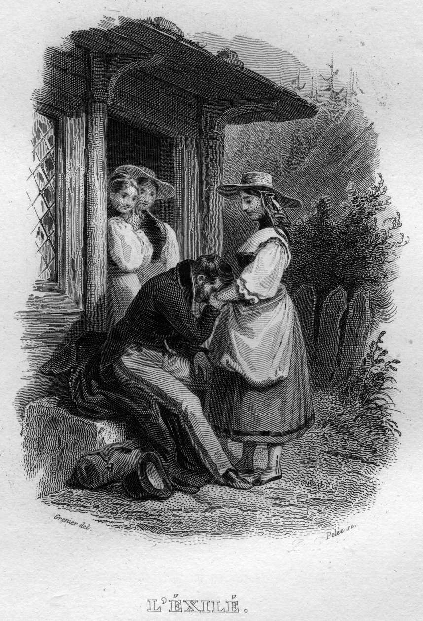 Exil Chanson de Beranger i "" Works Completes" (1834) av Pierre Jean de Beranger (1780-1857), fransk poet och låtskrivare. av French School