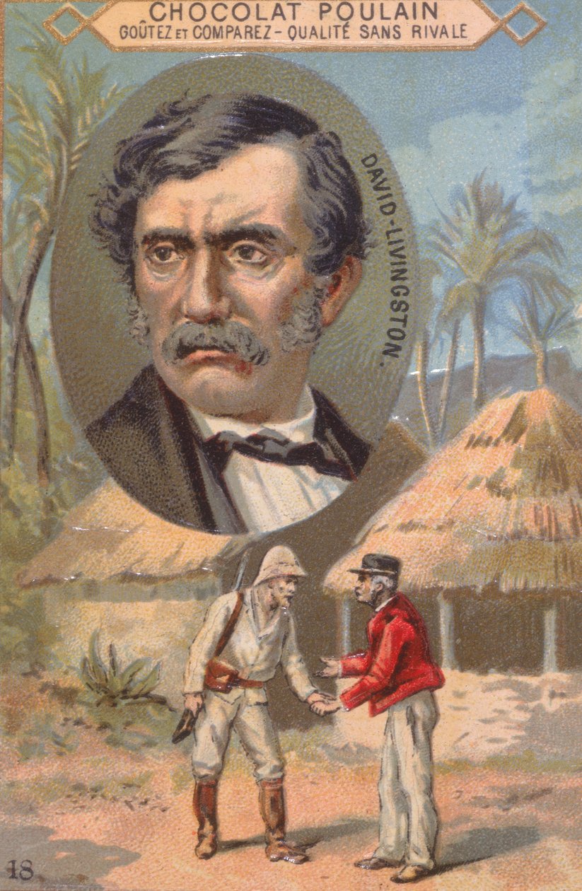 Upptäckaren David Livingstone (1813-73) och hans möte med Stanley (1840-1904) i Ujiji den 27 oktober 1871, byteskort med reklam för Poulain-choklad av French School