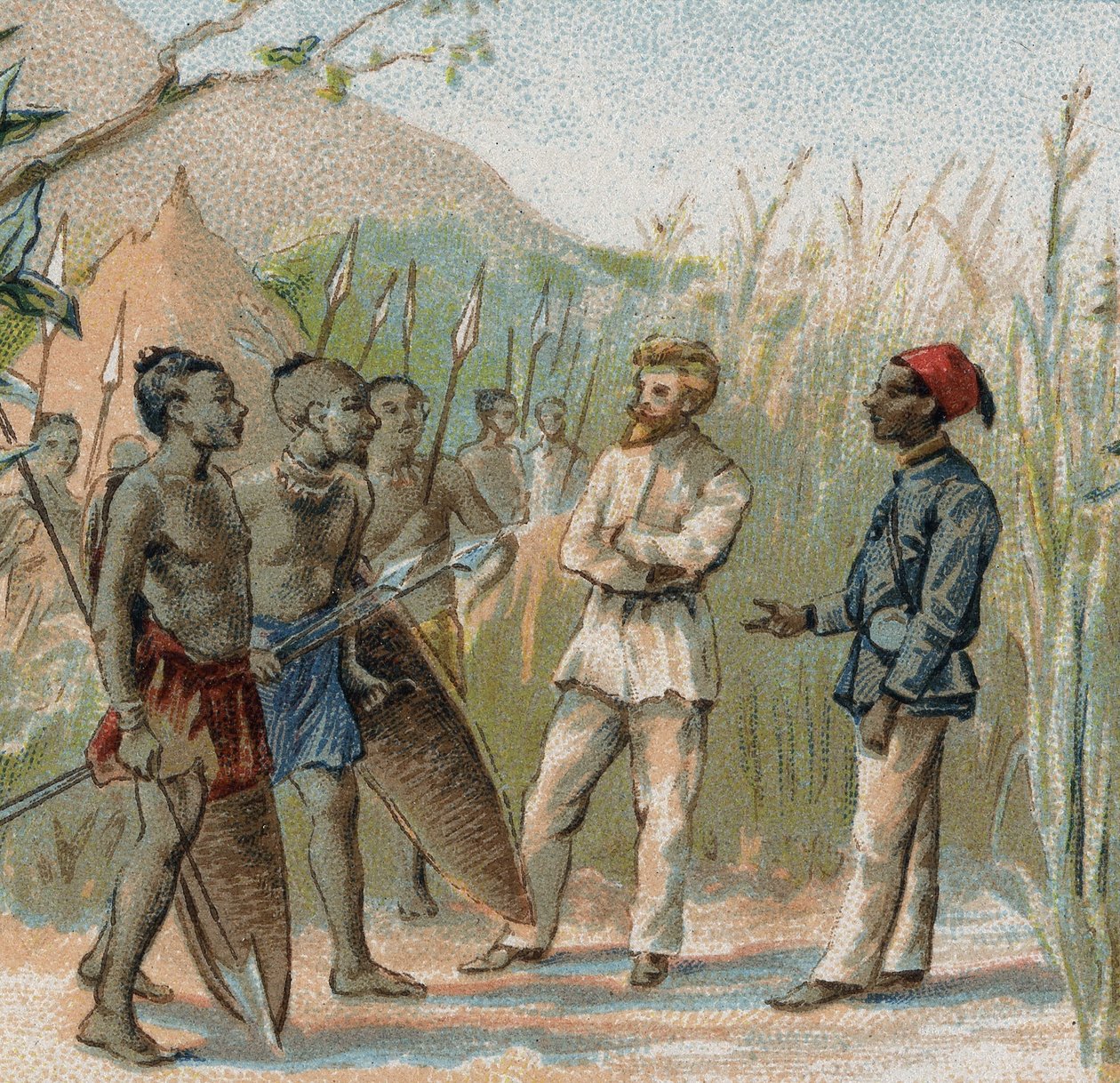 Upptäckaren Paul Crampel (1864 - 1891) parlamentariserar med Kongos infödda. Kromolitografi av 1800-talet. av French School