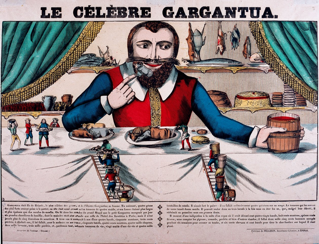 Den berömda Gargantua-karaktären i romanerna av Francois Rabelais (1494-1553), fransk författare. Gargantua har en stor baldakin och har alla möjliga rätter. Epinal avbildning av 1800-talet - av French School