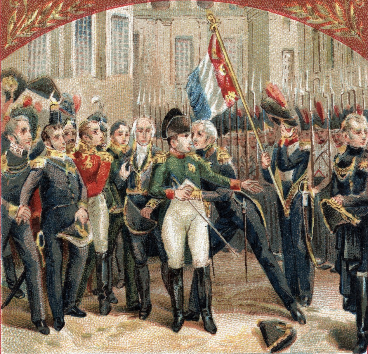Avskedet av Napoleon Bonaparte (1769-1821) har den kejserliga vakten på gården i Cheval Blanc vid slottet Fontainebleau den 20/04/1814. Kromolitografi från slutet av 1800-talet av French School