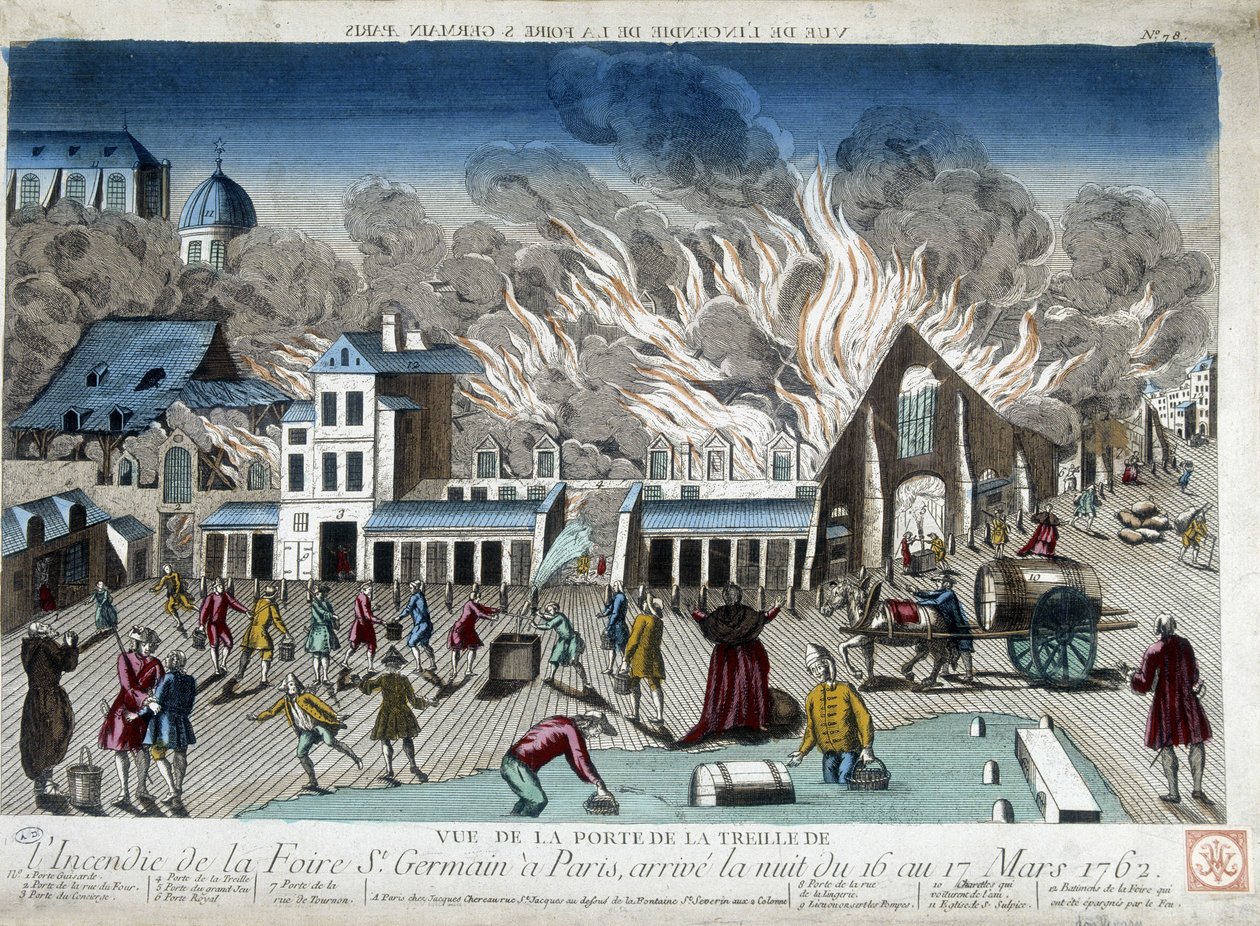 Branden på St Germain-mässan i Paris, natten mellan den 16 och 17 mars 1762 - gravyr av French School