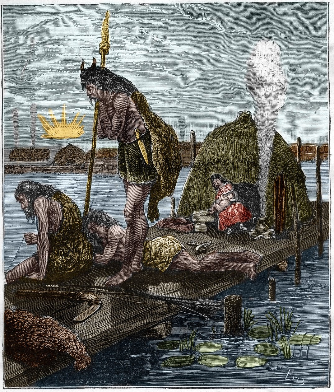 De första parisarna, eller invånarna i Lutece (Paris) (hytta på pålar) Gravyr av "Paris genom århundradet" av H. Gourdon de Genouillac (1874). av French School