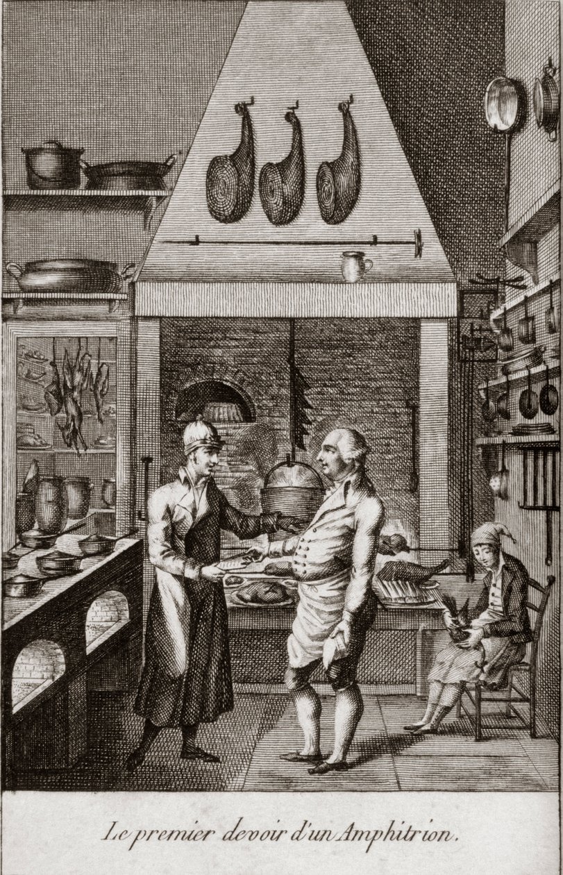 Den första plikten för en Amphitrion (amphitryon) - gravering i "" Almanach av gourmeter, tjänar som en guide på sätt att göra utmärkt kära. Av en gammal amatör”” av Alexandre Balthazar Laurent Grimod de la Reyniere - 1804-1812 av French School