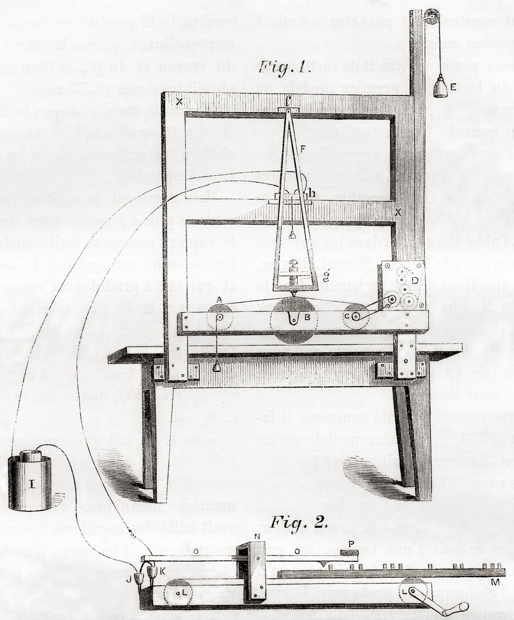 Den första elektriska telegrafen som uppfanns av Samuel Morse 1837, från Les Merveilles de la Science, publicerad ca 1870 (gravyr) av French School