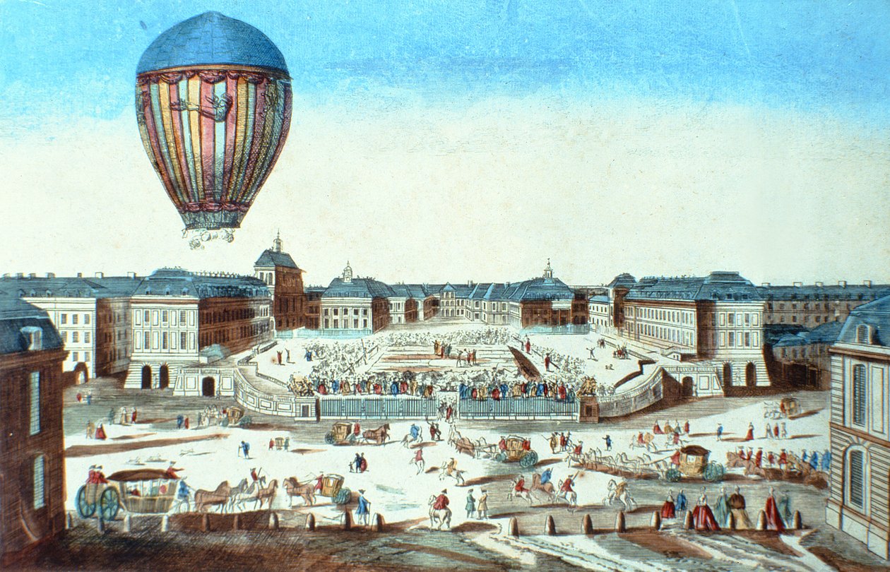 Pilatre du Roziers första luftballong, uppkallad efter dess sponsor, M. Montgolfier, i Versailles den 23 juni 1784 av French School