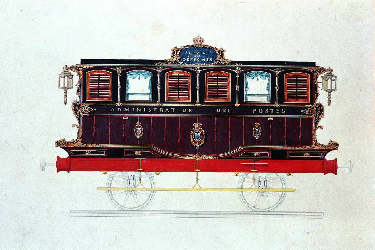 Den första postbilen i Frankrike, ca 1830-48 (penna & bläck och wc på papper) av French School