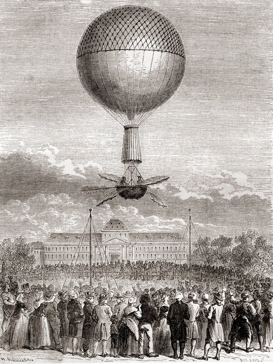 Jean-Pierre François Blanchards första framgångsrika ballongflygning den 2 mars 1784, i en vätgasballong uppskjuten från Champ de Mars, Paris, Frankrike, från Les Merveilles de la Science, publicerad ca 1870 (gravyr) av French School