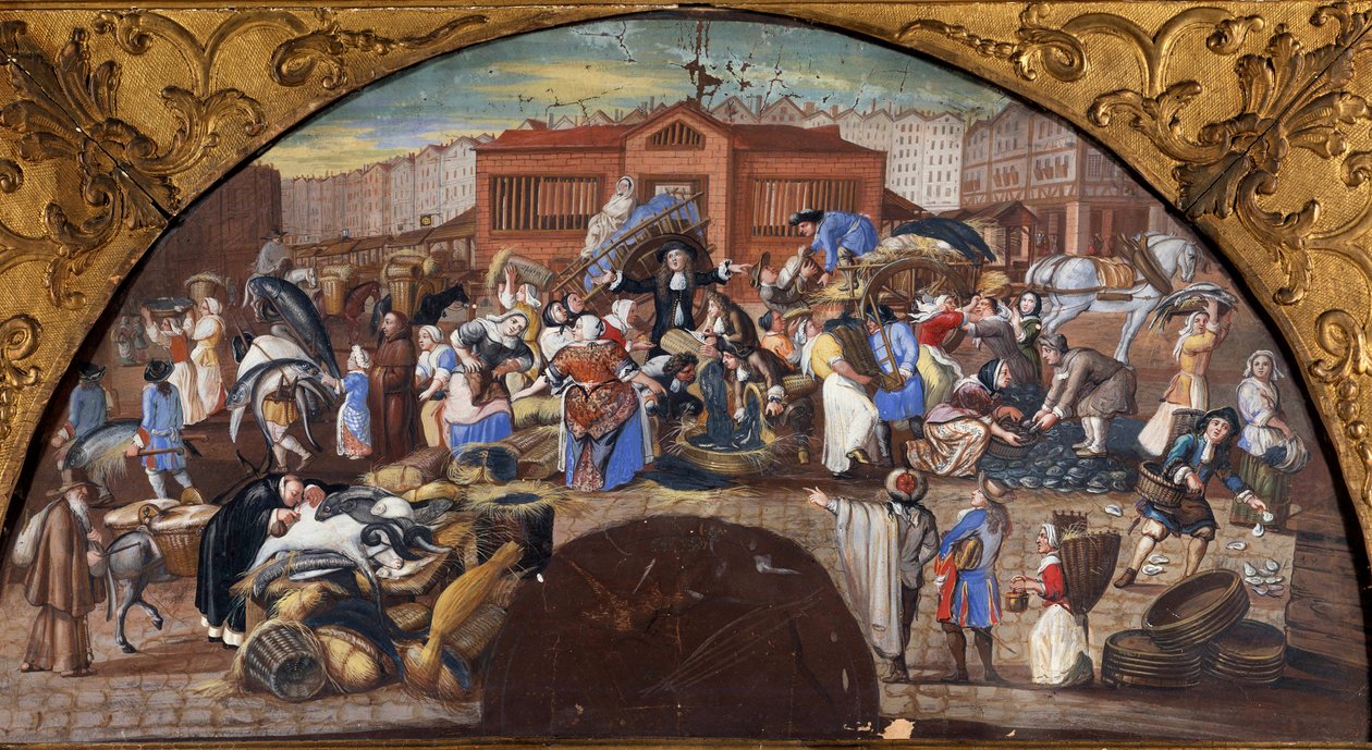 Fiskauktionen i Halles i Paris Scenvandring. Dekor för Franska skolans evenemang. 1600-talets Paris, Musee Carnavalet av French School