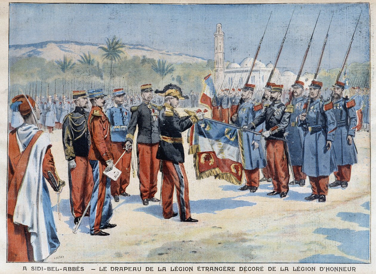 Främlingslegionens flagga dekorerad i Sidi-Bel-Abbes - i "" Le Petit Parisien"" från 1906-04-29 av French School