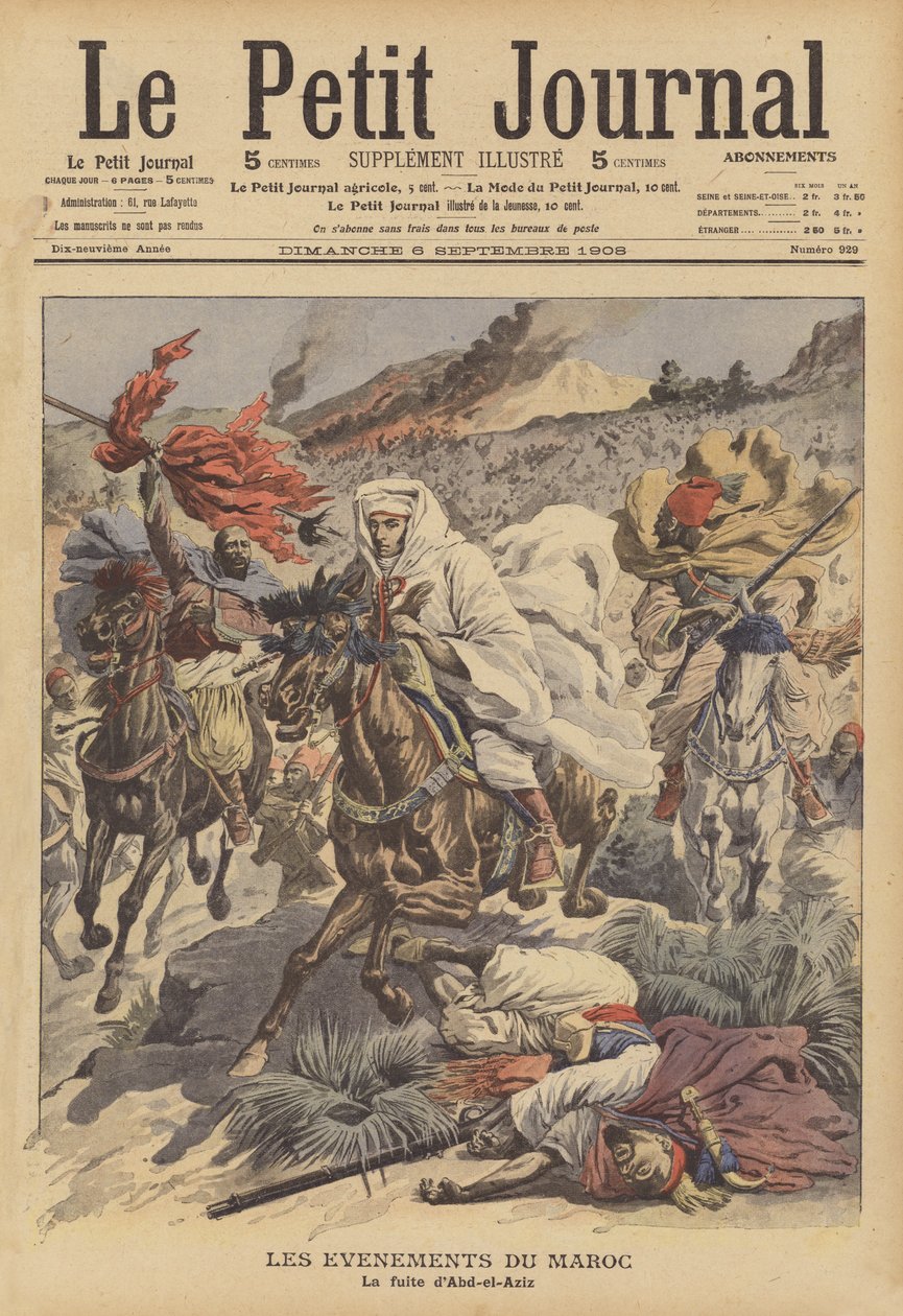 Sultan Abdelaziz av Marockos flygning (färglitografi) av French School