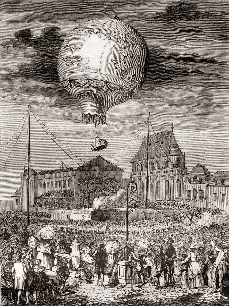 Flygningen av Aérostat Réveillon den 19 september 1783 av bröderna Montgolfier i Versailles, Frankrike, före kung Ludvig XVI av Frankrike och drottning Marie Antoinette, från Les Merveilles de la Science, publicerad ca 1870 (gravyr) av French School