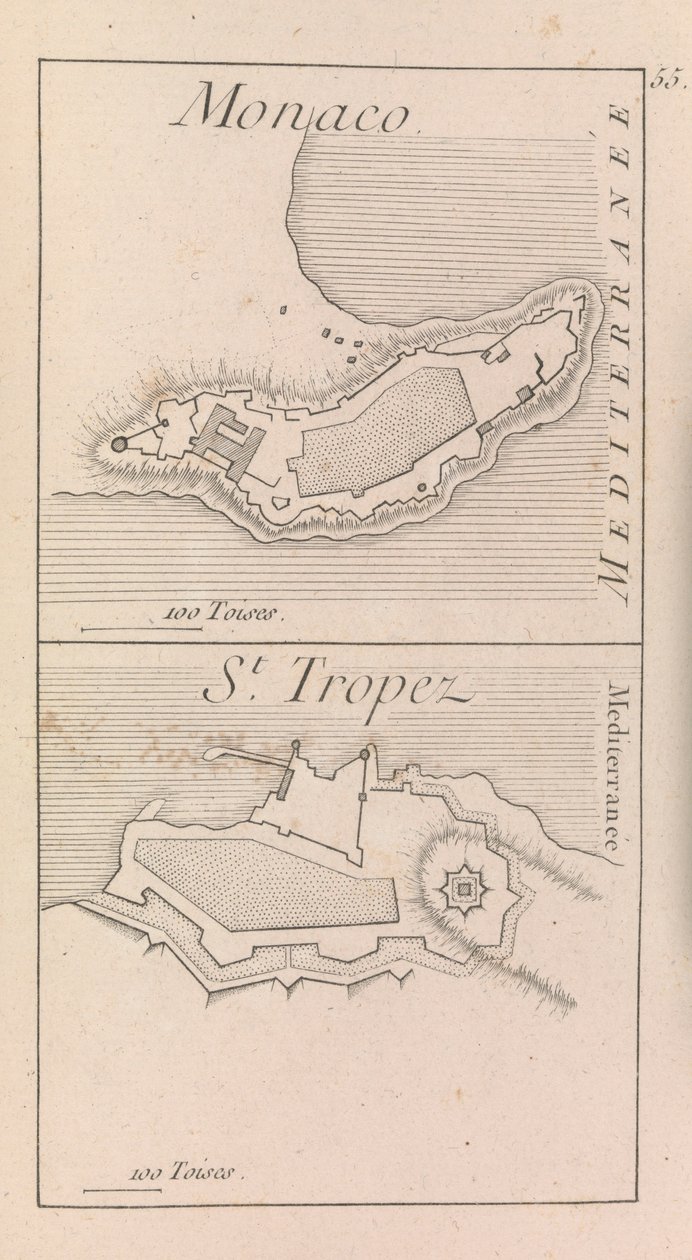 Monacos och St Tropez befästningar , ca 1760 (tryck) av French School